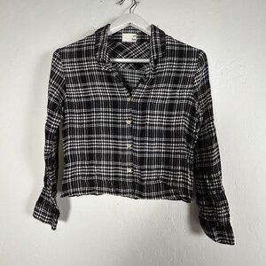 Wilfred Free Womens XS Black & White Plaid Cropped Button-Up Shirt Top Casual